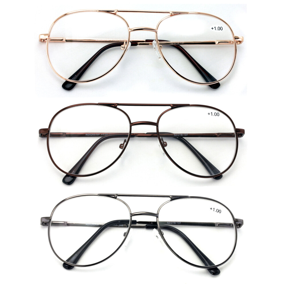 3 Pairs Metal Aviator Reading Glasses - Spring Hinge Tear Drop Clear Lens Reader +2.75
