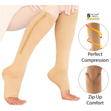 Zipper Compression Socks, Open Toe Knee High Graduated Support Hose for Leg Circulation, Unisex Nude Large - 5 Star Deals