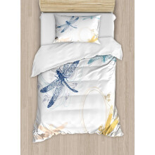 Dragonfly Duvet Cover Set, Floral Spring Bugs Wings Flower Petals Animal Nature Theme, 3-Piece Bedding with 2 Pillowcases, Yellow Blue