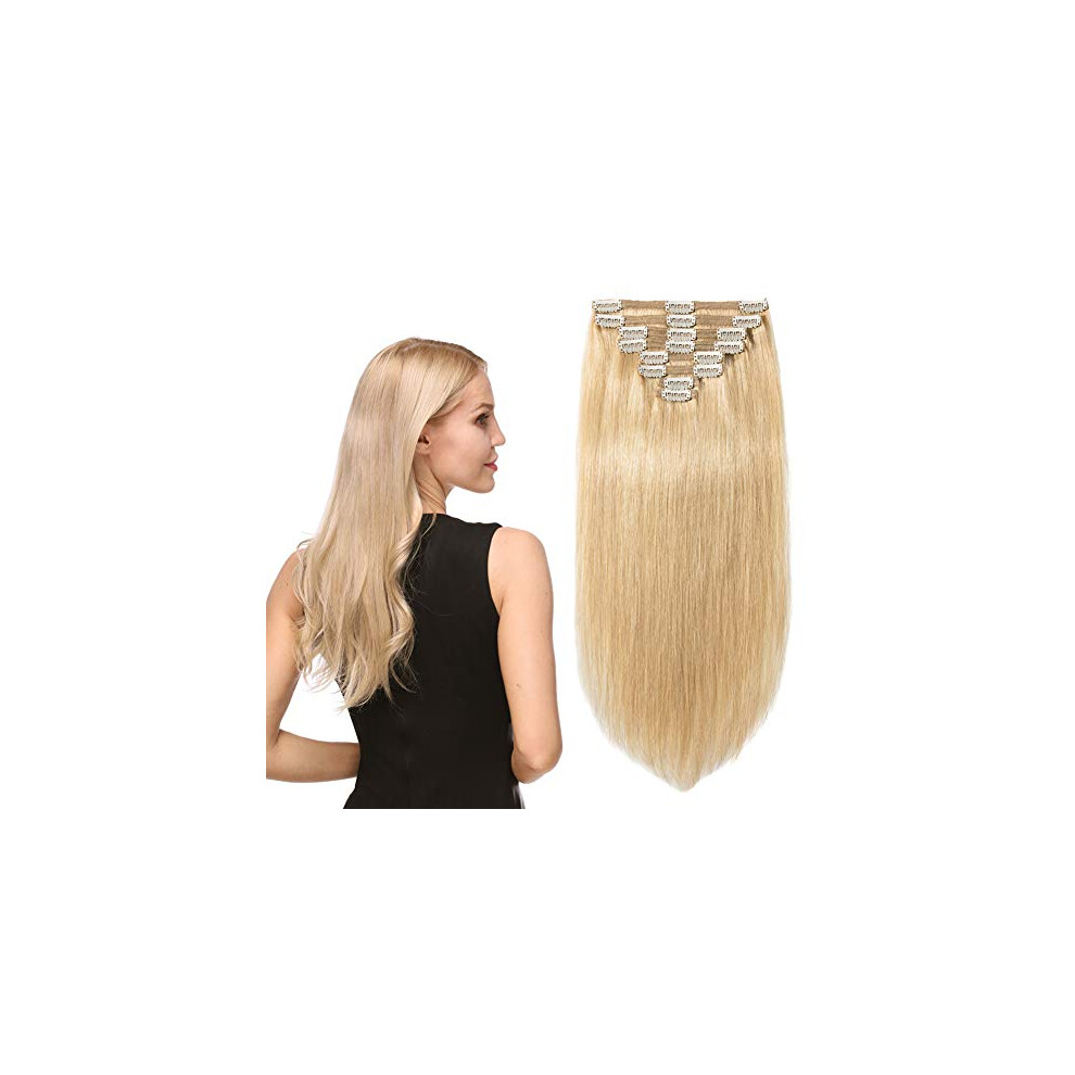 Unisex 24 Inch Ash Blonde Human Hair Clip In Extensions, Double Weft, 100% Remy For Full Head Volume