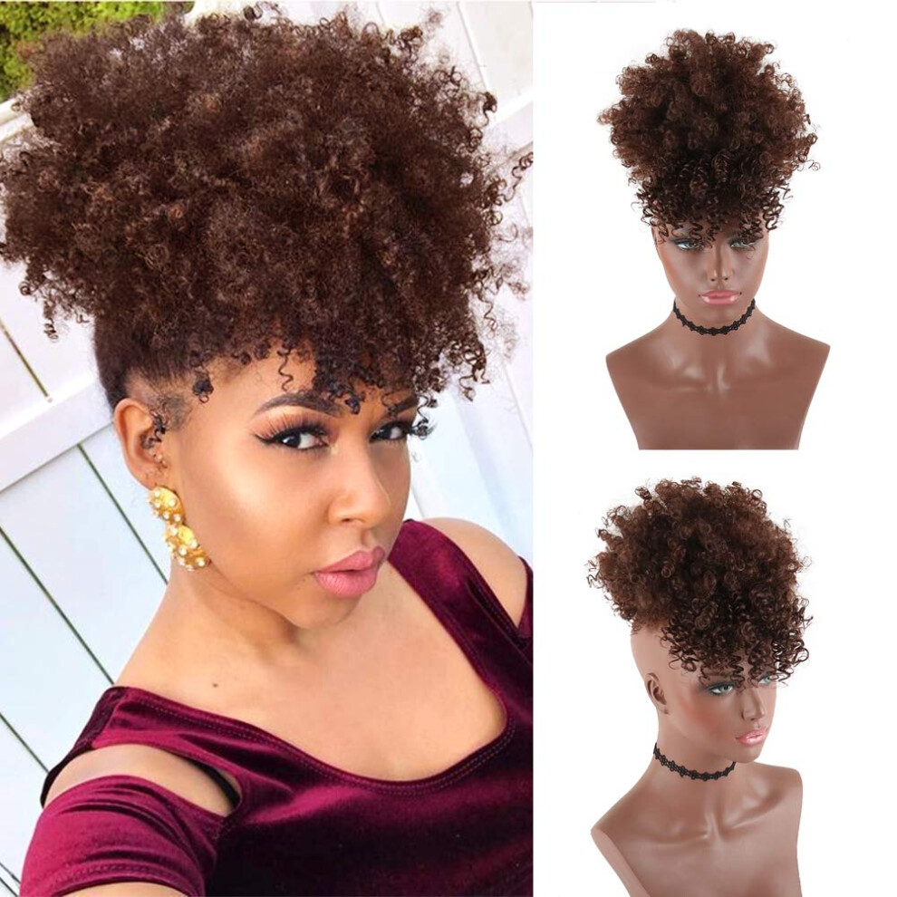 Unisex Black Afro Puff Bun With Bangs Kinky Curly Drawstring Ponytail Natural Texture Hairpiece For Women