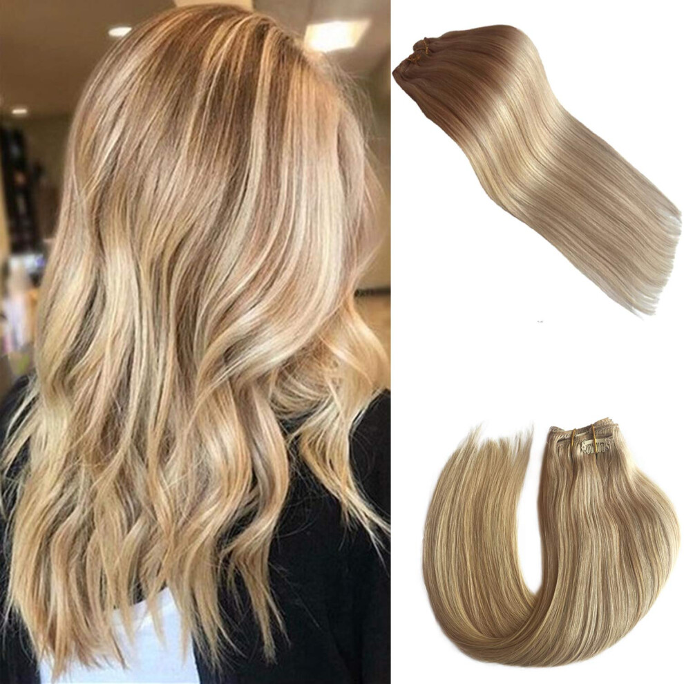 Unisex Cream Clip In Human Hair Extensions Ombre Beige Blonde 14 Inch 7Pcs 120G Thick Straight Remy