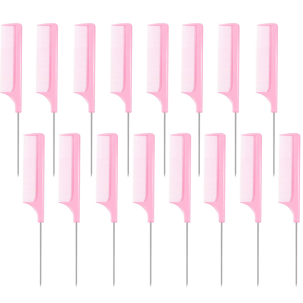 Unisex Pink 16Pcs Rat Tail Comb Set With Steel Pintail For Precise Hair Sectioning And Heat Resistance