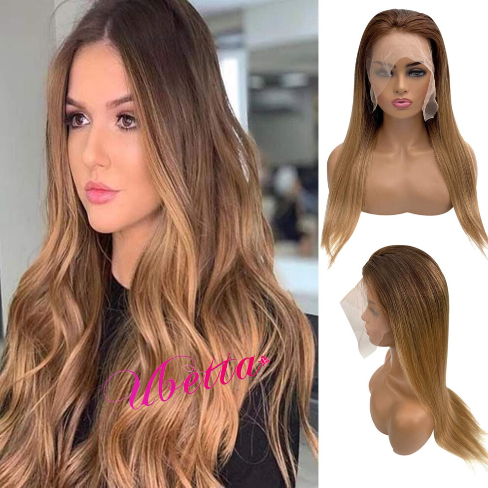 Unisex 18 Inch Human Hair Lace Front Wig Blonde Highlights Glueless Balayage Ombre Pre Plucked 150% Density