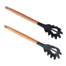2pcs Heat Resistant Silicone Pasta Server with Wooden Handle Spaghetti Spoon for Easy Straining