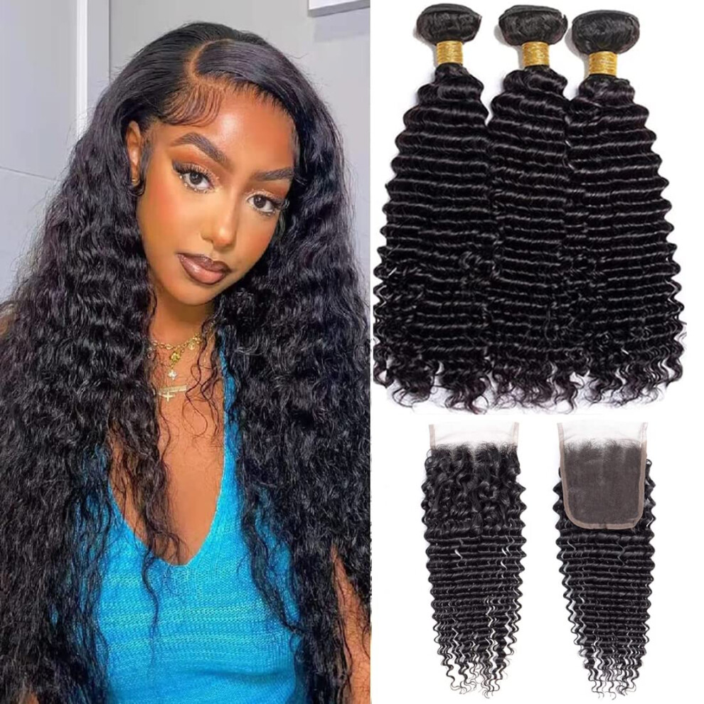 Unisex Brazilian Deep Wave Bundles With Closure 9A Virgin Human Hair Extensions 18 18 18+16