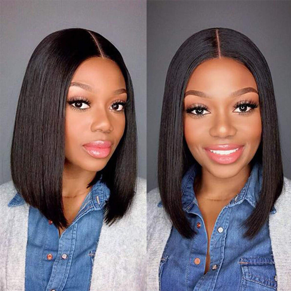 14 Inch Black Bob Wig Short Straight Middle Part Heat Resistant Synthetic Hair for Women