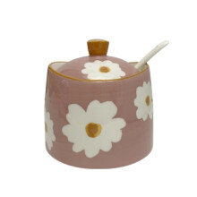Ceramic Sugar Bowl with Lid and Spoon, Pink Sugar Container for Coffee Bar and Kitchen Countertop