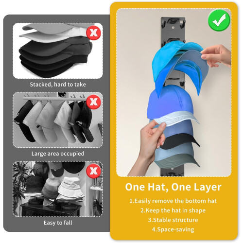 Hat Rack 2Pack Wall Mounted Cap Organizer with ShapePreserving Hooks for Closet Door or Entryway 1