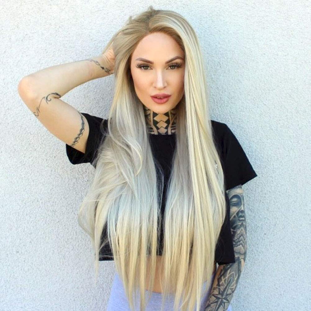 22 Inch Ombre Blonde Lace Front Wig with Pre Plucked Hairline, Heat Resistant Straight Synthetic