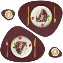 Faux Leather Placemats & Coasters Set (2 Mats + 2 Coasters), Heat Resistant, Washable, Insulated, Round Table Mats for Kitchen, Coffee, Dining