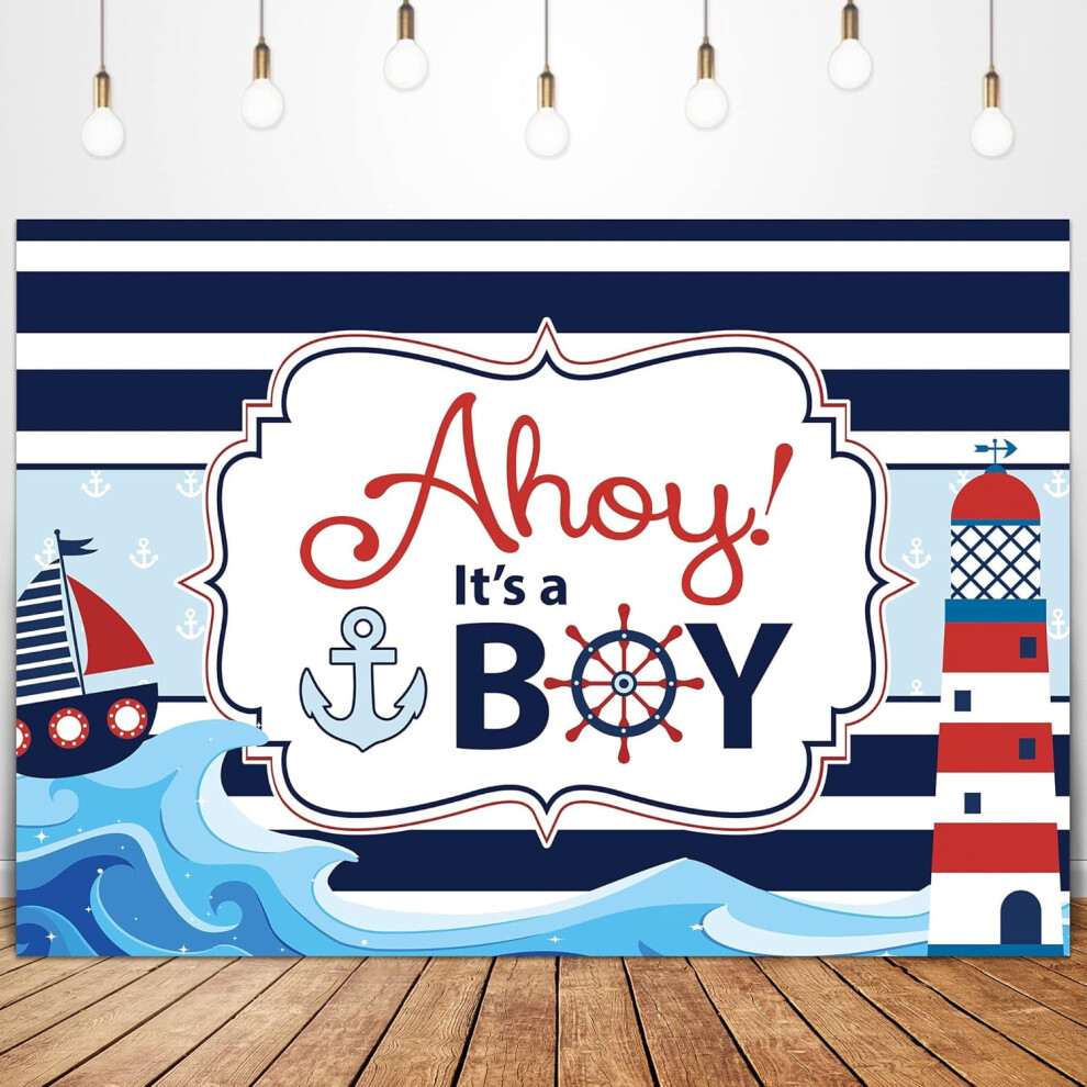 Ahoy It's A Boy Backdrop 7Wx5h Feet Stripe Marine Sea Ocean Lighthouse Ship Anchor Nautical Themed White/Blue 9499224080430
