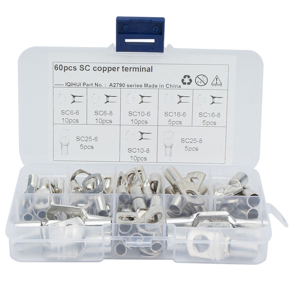 60Pcs Sc Bare Terminals Lug Tinned Copper Tube Lug Ring Seal Battery Wire Connectors Bare Cable Crimped Soldered Terminal Kit (Silver) 9499224081987