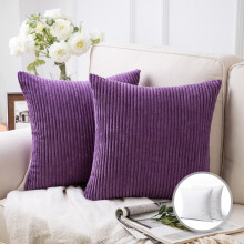 Soft Corduroy Striped Velvet Square Decorative Throw Pillow Cusion For Couch, 20" x 20", Purple, 2 Pack