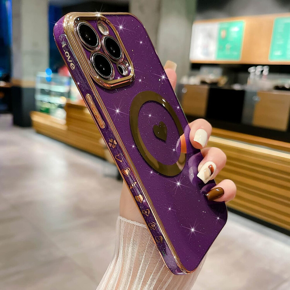 Compatible With Iphone 14 Pro Max Magnetic Glitter Case, 6.7" Luxury Heart Plating Magsafe Shockproof Cover For Women - Purple 9338982203494