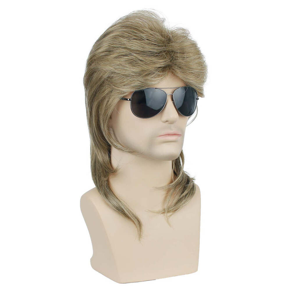 Men's Mullet Wig Retro Disco Style, 70s 80s Long Curly Blonde Heat Resistant Synthetic with Cap