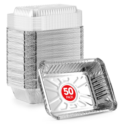 50 Pack Disposable Takeout Pans with Plastic Lids, 2 lb Oblong Pan