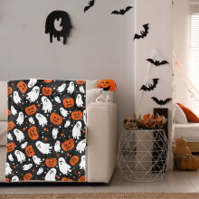 Halloween Throw Blanket - Soft Plush Cozy Flannel with Spider Webs & Pumpkins, White Decoration for Sofa, Bed, Party (Compatible with Home Decor)