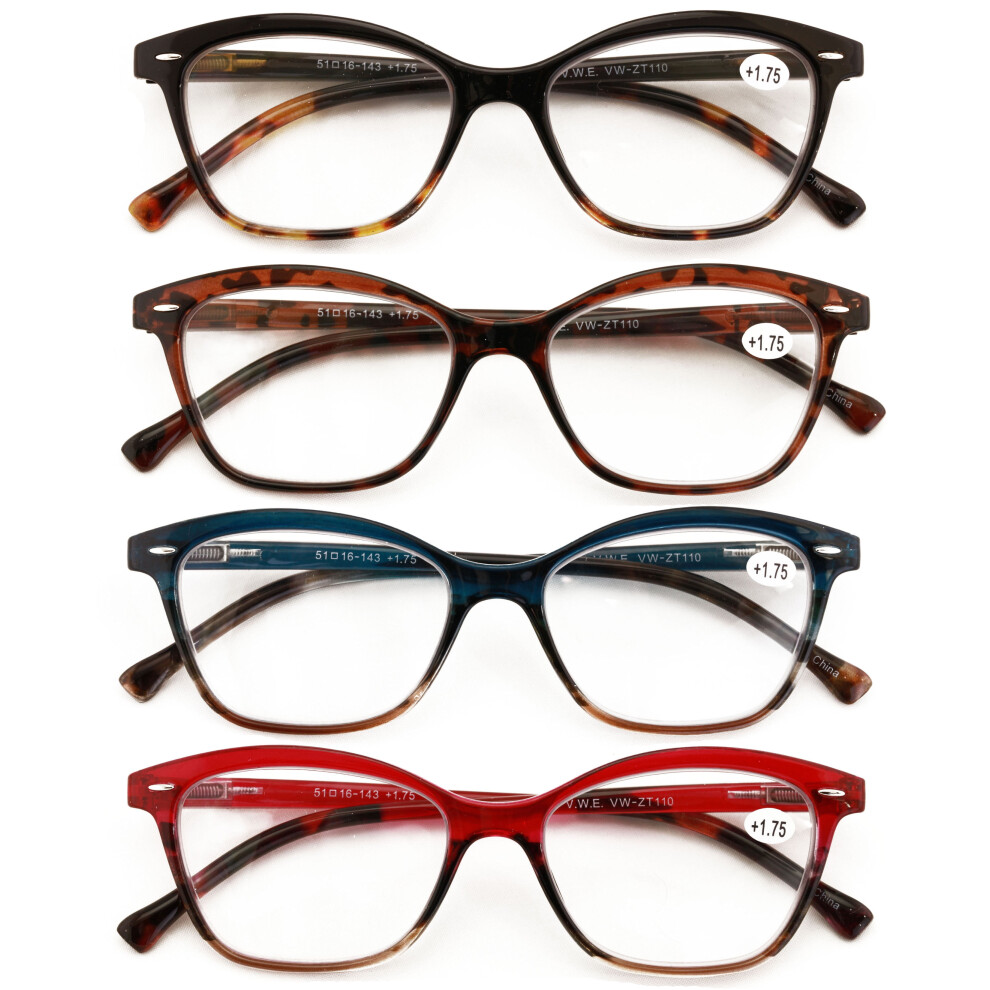4 Pairs Women 2tone Tortoise Reading Glasses - Spring Hinge Lightweight Reader ZT110 +3.25