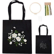 DIY Embroidery Canvas Bag Kit - Black Tote with Flower Pattern, Cross Stitch Craft for Beginners & Adults, Starter Kit