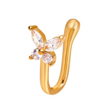 Crystal Butterfly Nose Ring Gold, Fake Septum Nose Rings, Small U-Shaped Clip-on Studs, Bendable Nose Jewelry