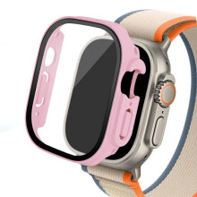 Glass+Case for compatible with Apple Watch Ultra 2 49mm, PC Bumper + Tempered Screen Protector, iWatch Series Bracelet Accessory, Red Pink