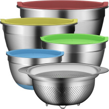Mixing Bowl Set with Colander - Stainless Steel Nesting Bowls with Lids, Strainer for Mixing, Prepping, Baking - Multicolor Kitchen Gadgets 2024