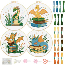 4 Set Book Embroidery Kit with Stamped Cartoon Dragon & Book Pattern, Cross Stitch for Beginners, 30cm, Instructions Included