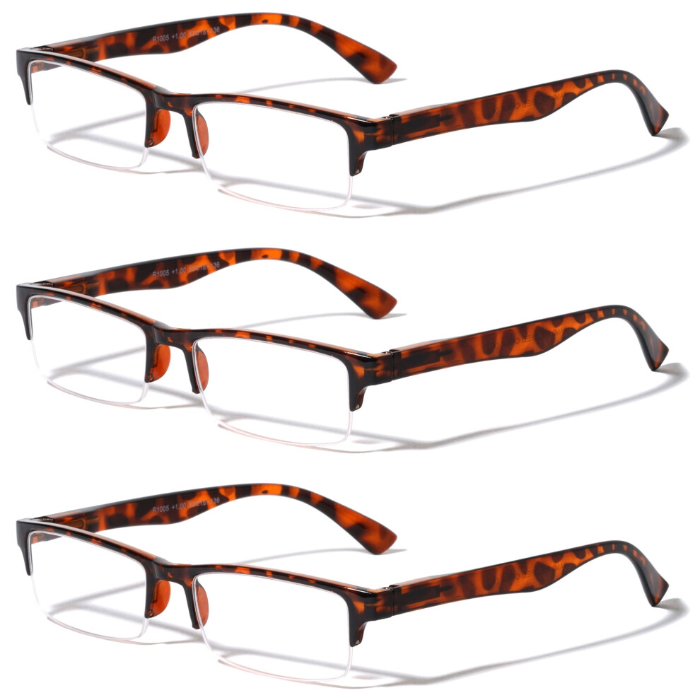 3 Pairs Rectangular Half Rim Reading Glasses - Simple Classic Clear Lens Reader - Spring Hinges +3.00
