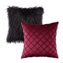 Phantoscope Decorative Throw Pillow Set, Fluffy Faux Fur & Pleated Velvet, 18"x18", Black Fur/Red Velvet, 2 Pack