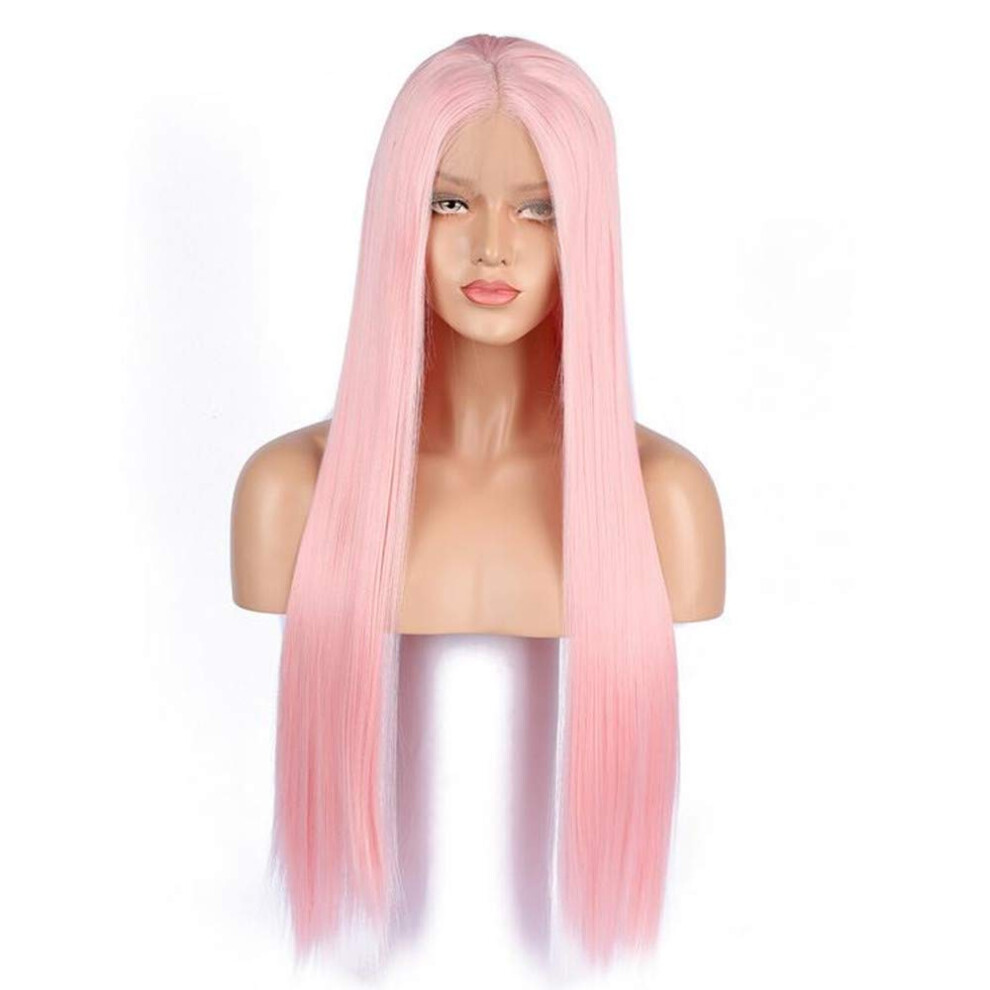 Unisex Pink Lace Front Wig Light Long Straight Heat Resistant Synthetic Hair For Cosplay