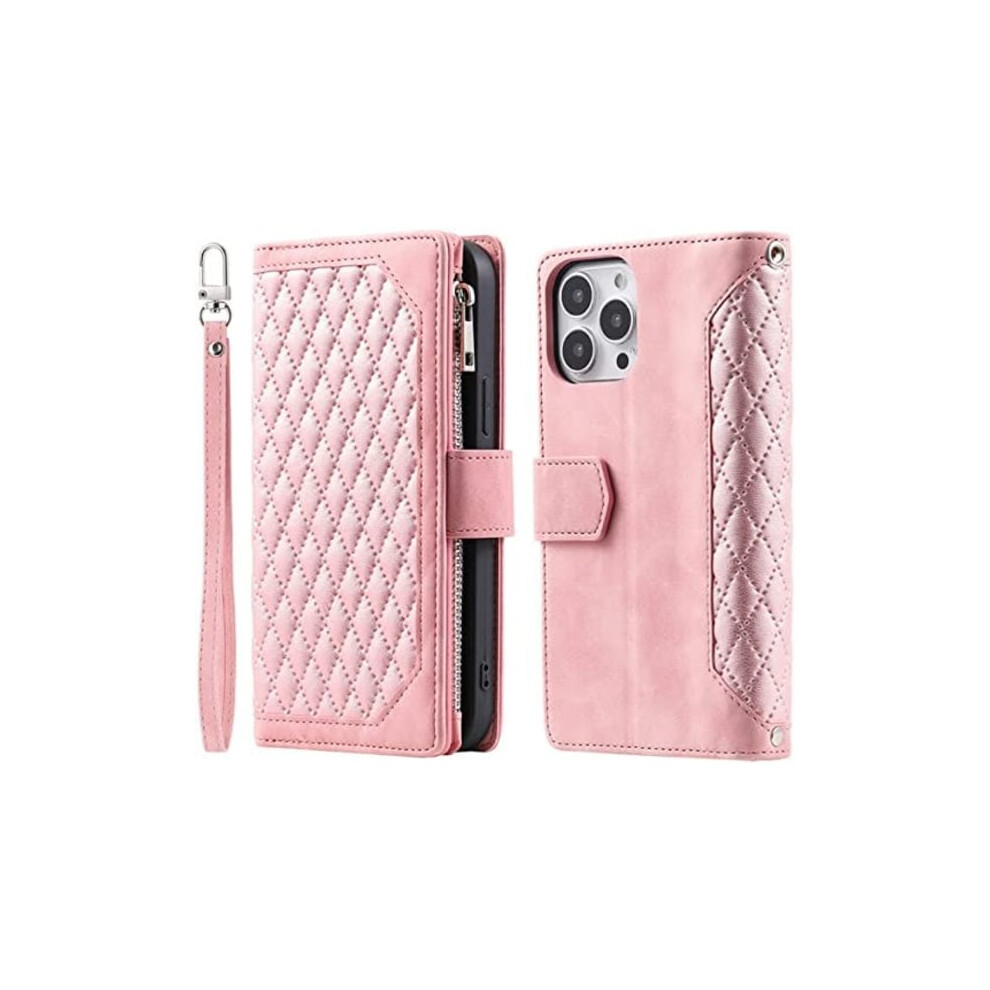 Long Lanyard Leather Case For Compatible With Iphone 14 With 7 Card Slots Pink 9395123444376