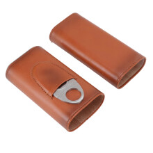 Leather Travel Cigar Case with Cutter, Handmade 3 Finger Cigar Holder Humidor for Men Brown