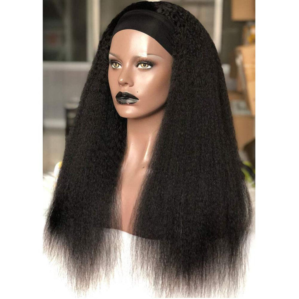 Unisex Black 20 Inch Brazilian Remy Human Hair Headband Wig Kinky Straight Glueless Design For Women