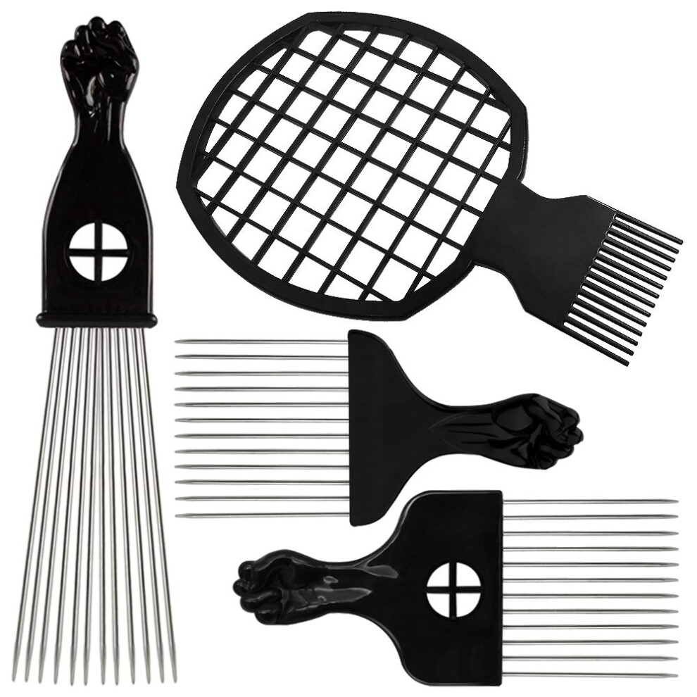 Unisex 4 Pcs Afro Comb Set For Textured Hair, Metal Hair Pick Combs For Detangling, Sectioning And Styling