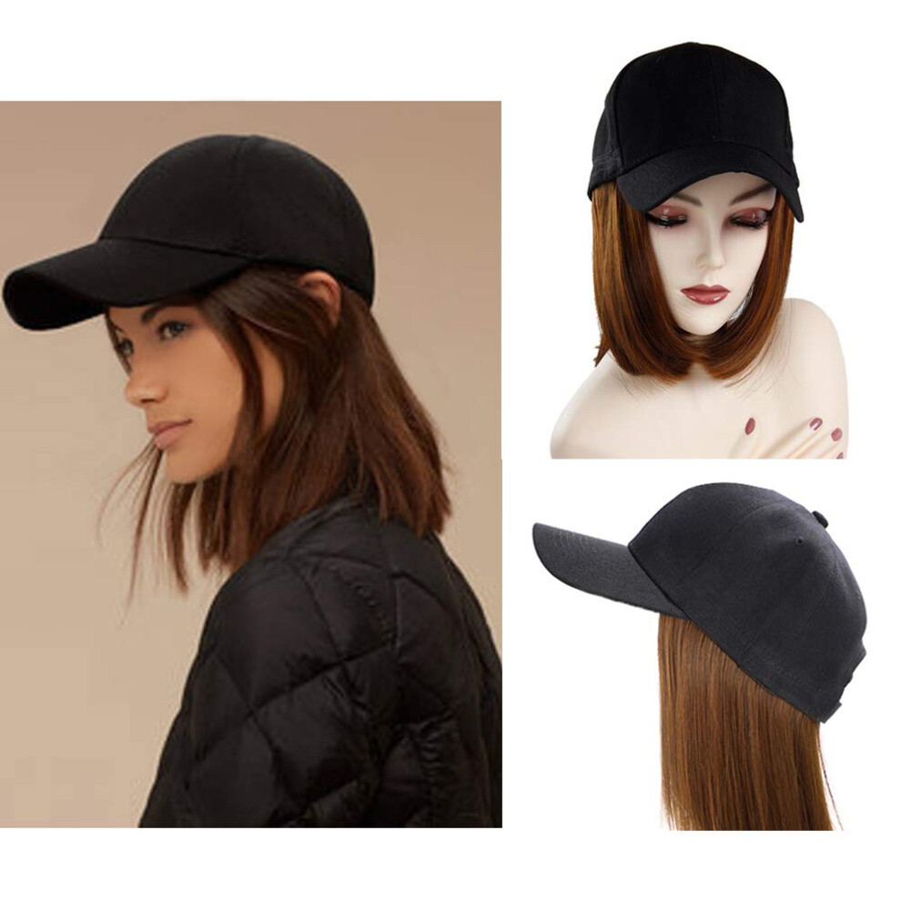 Unisex Black Short Bob Wig Hat With Cap For Women, Synthetic Hair, Instant Style Change, Adjustable Fit