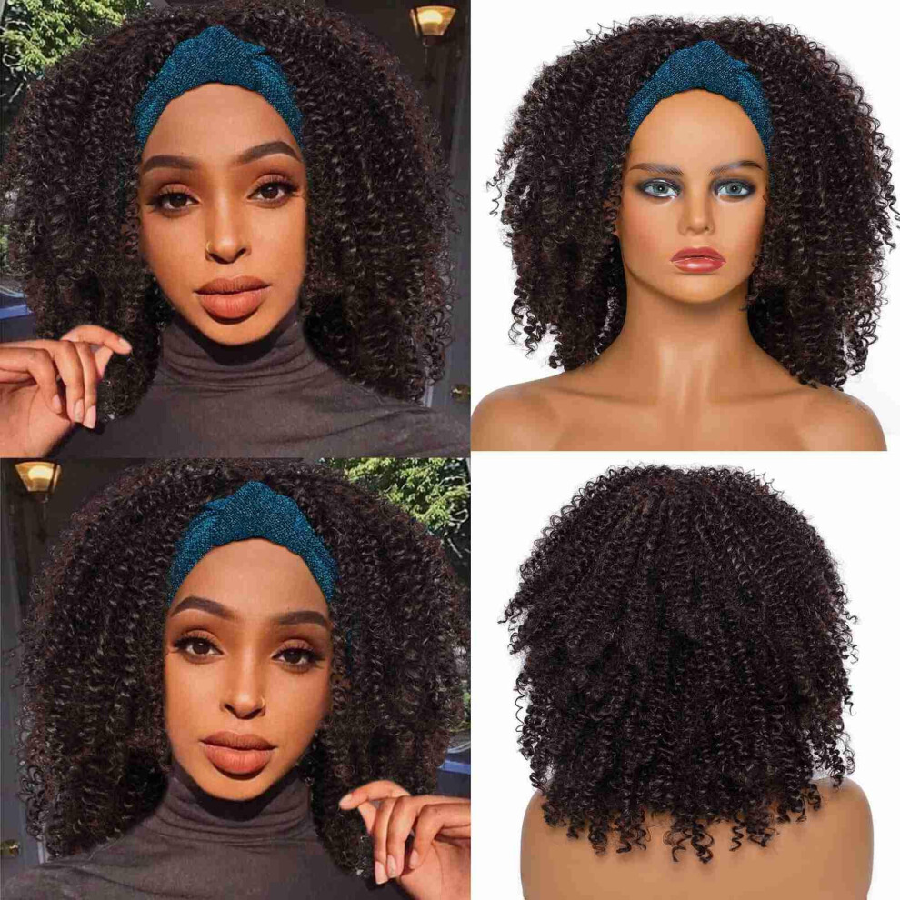 Unisex Short Afro Kinky Curly Headband Wig With Turban, Synthetic 2 In 1 Adjustable Drawstring Fit