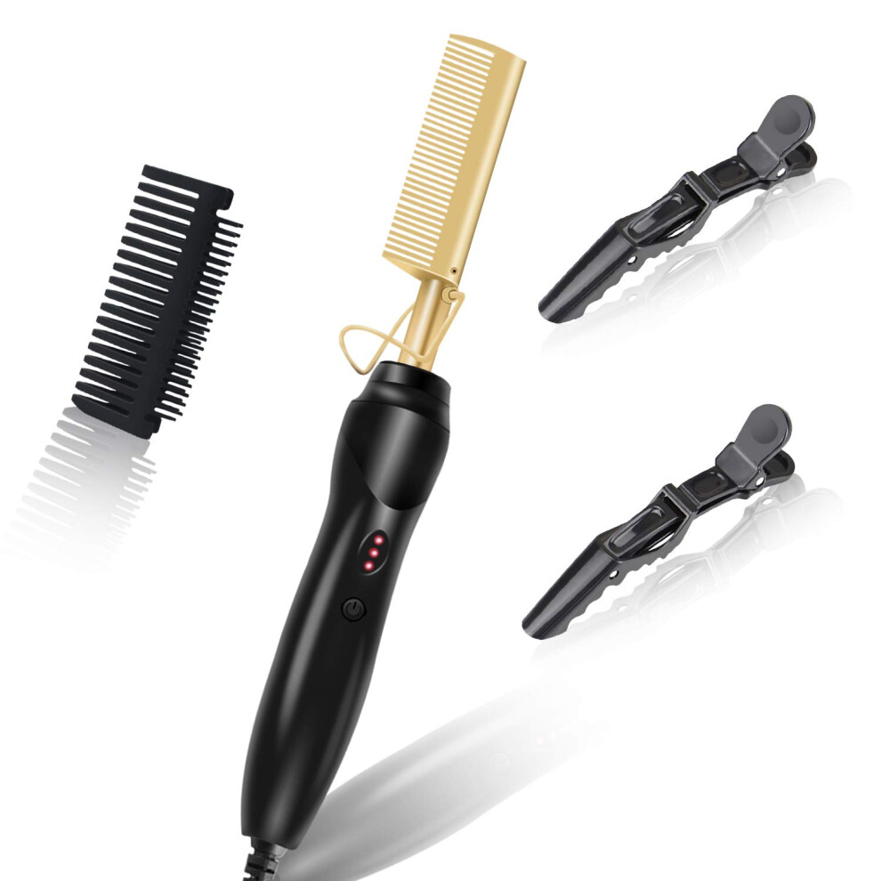 Hot Comb Electric Pressing Comb with Ceramic Teeth for Natural and Curly Hair, Gold, Dual Voltage