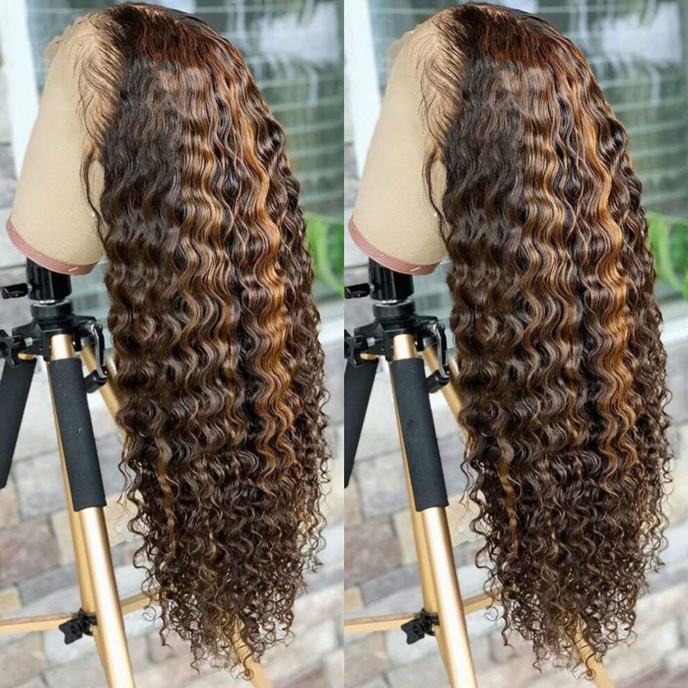 Unisex Brown 16 Inch Ombre Highlight Brazilian Curly Lace Front Wig, Human Hair, Glueless Transparent Lace