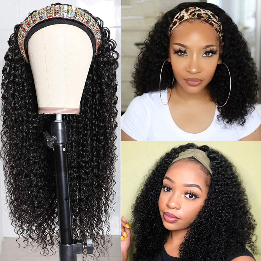 Unisex Black Glueless Virgin Remy Straight Human Hair Headband Wig For Women 150 Density 18 Inch