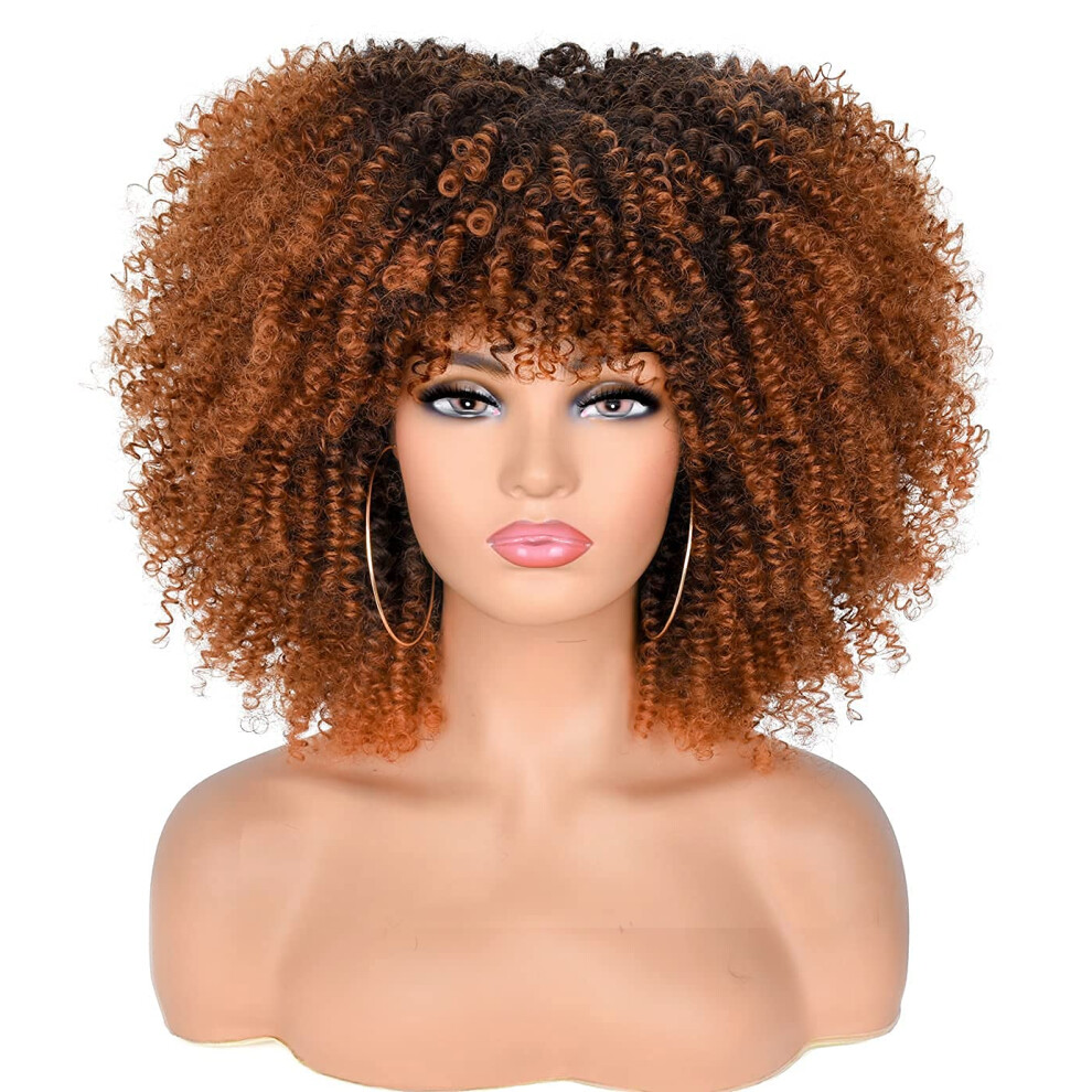 Unisex Black,Brown Afro Kinky Curly Wig 14 Inch Ombre Brown With Bangs No Glue Synthetic Short Wig For Black Women