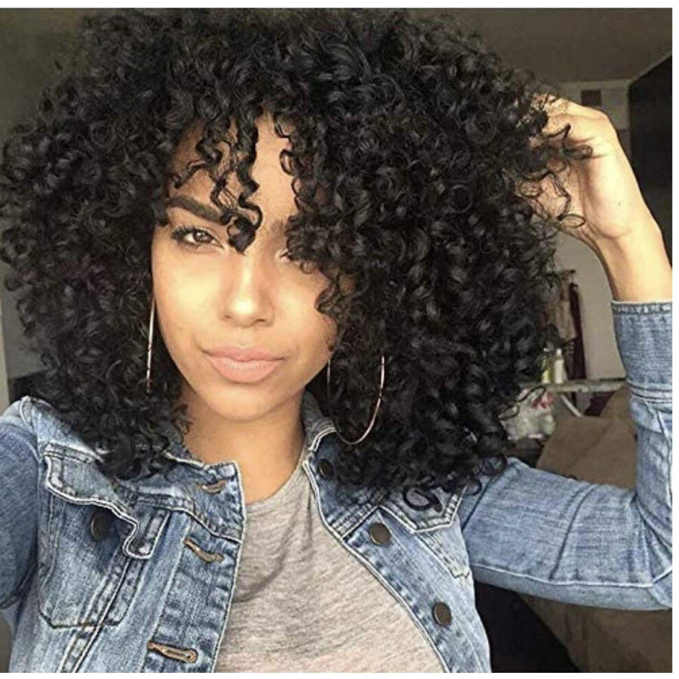 Unisex Black Kinky Curly Wig For Women Short Synthetic Curly Wig With Bangs, Natural Texture,