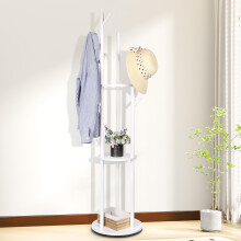 Wooden Coat Stand with 3 Shelves and 9 Hooks, 360 Rotating Solid Wood Rack for Entryway, White