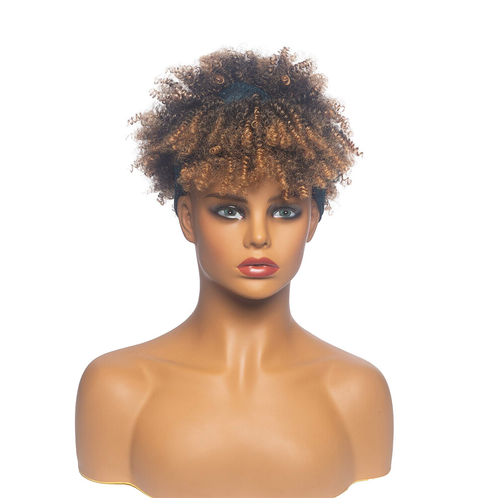 Unisex Black,Brown Ombre Brown Kinky Curly Headband Wig Synthetic Short Afro Wig With Bangs For Black Women 1B/27