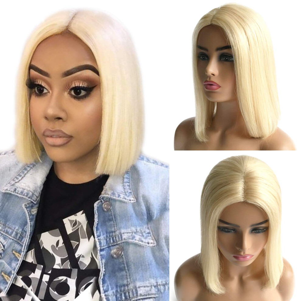 Unisex 10 Inch 613 Blonde Human Hair Bob Wig, Brazilian Straight, Glueless Middle Part, 180% Density