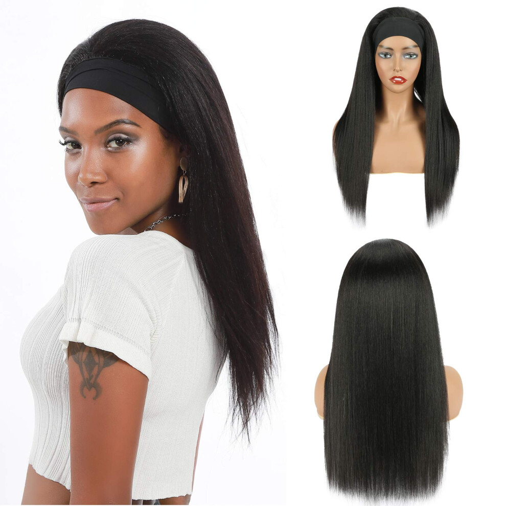 20 Inch Headband Wig for Black Women Silky Straight Yaki Human Hair Blend Glueless 150% Density
