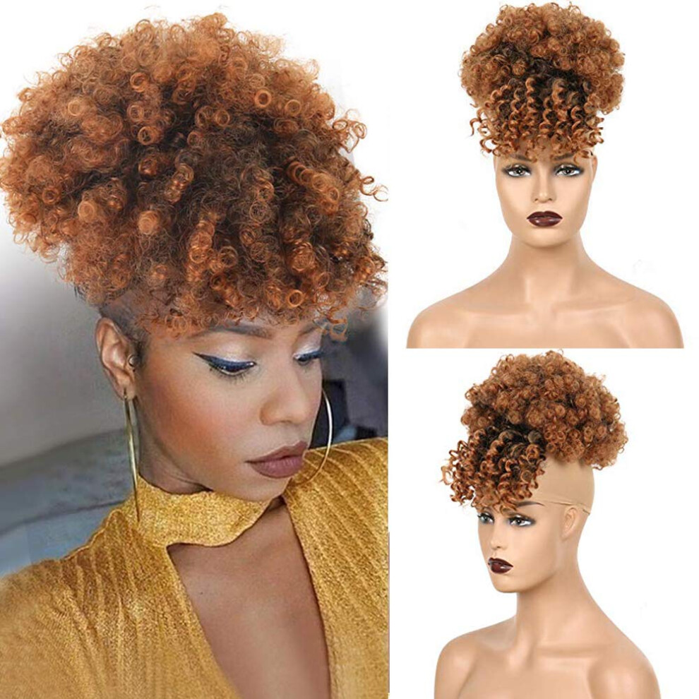 Unisex Black Afro Puff Drawstring Ponytail With Bangs, Heat Resistant Kinky Curly Hair Bun For Women 1Bt30#