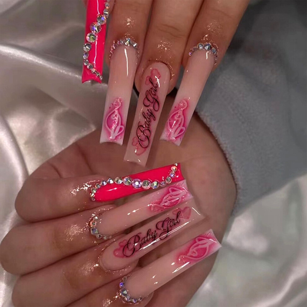Red,Cream Long Coffin Press On Nails Valentines Set With Rhinestones Red And Nude Fake Acrylic Nails 24Pcs