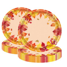 24pcs Thanksgiving Paper Plates 7 Inch Maple Leaf Design for Autumn Party and Fall Birthday