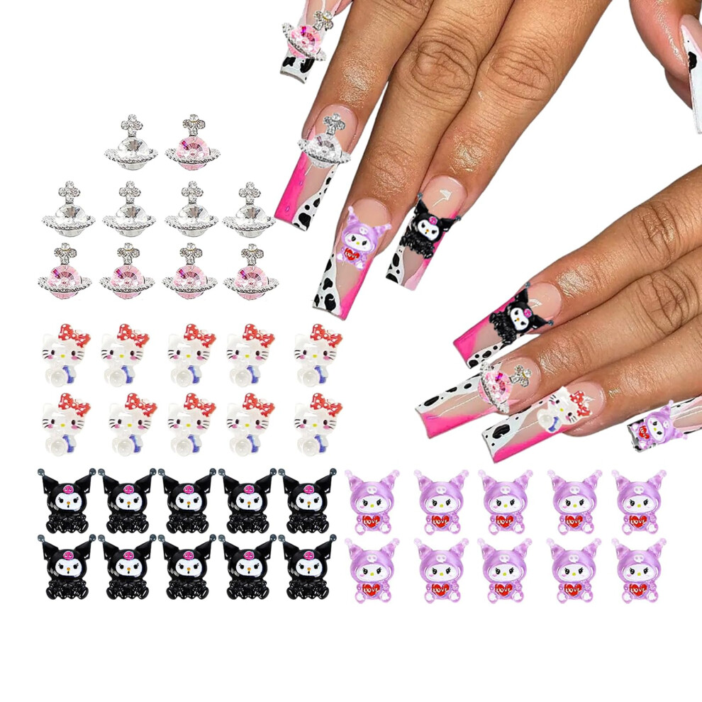 40PCS Kawaii Cat Nail Art Charms with Sparkling Resin Planet Design for 3D DIY Nail Decoration